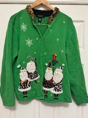 Vintage Crystal Kobe Women’s Christmas Santa Sweater Cardigan XL Button down